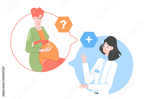 Pregnant cute woman expectant mother at the consultation with the doctor. Health care, pregnancy management, answers and questions, useful tips. Vector flat illustration.