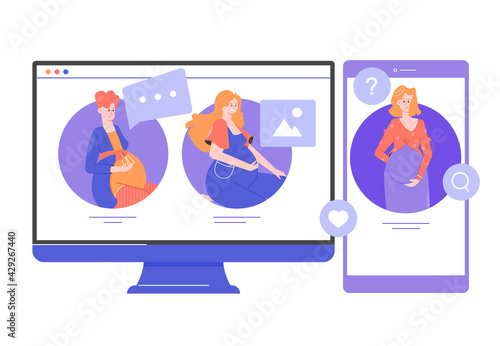 Community of expectant mothers. Pregnant women characters on device screens. Computer monitor and smartphone. Girls sharing experiences and tips. Communication. Vector flats illustration.