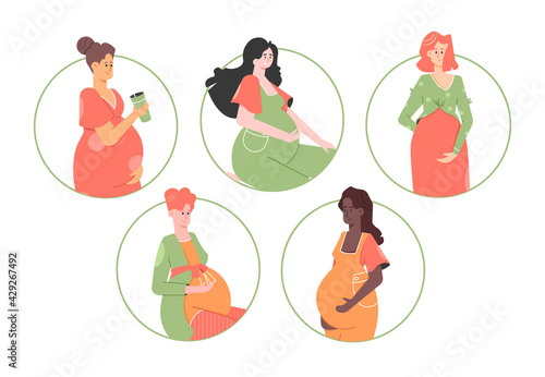 Set of pregnant women of different nationalities. Mothers-to-be. Expecting parents. Vector flat illustration.