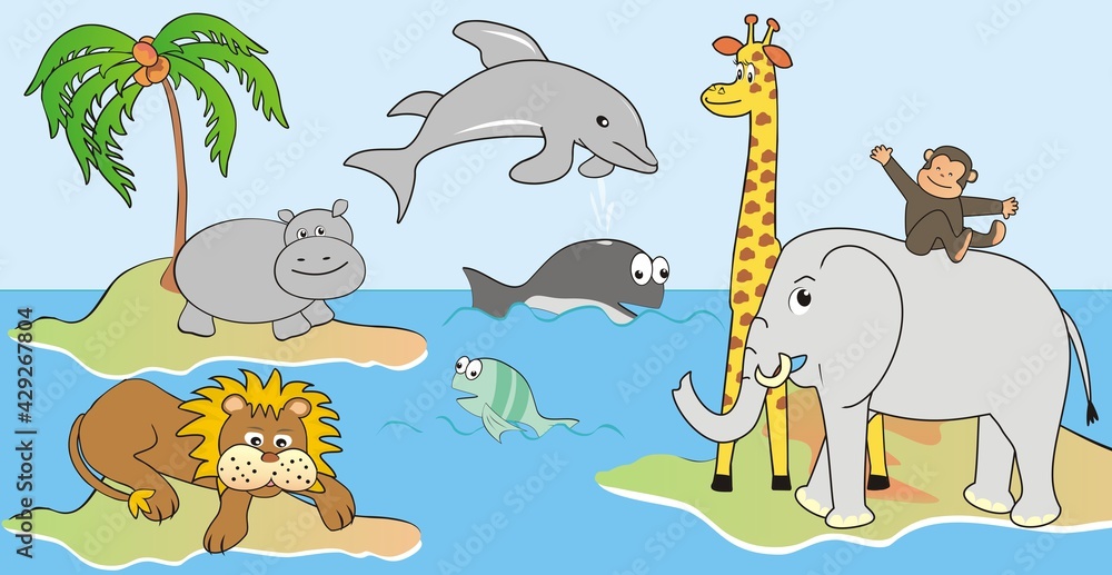 Obraz premium Group of animals on island and marine life, funny vector illustration