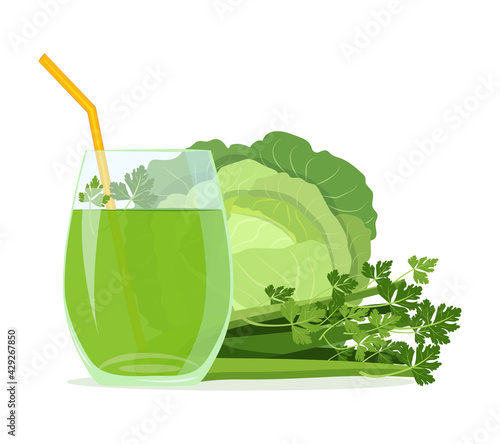 Vector illustration of vegetable juice from cabbage and celery in a glass.