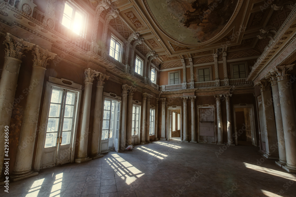 Old ruined abandoned historical mansion, inside view
