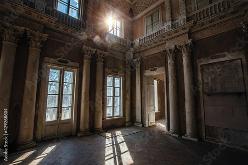 Old ruined abandoned historical mansion Znamenskoye-Sadki, Moscow region, inside view