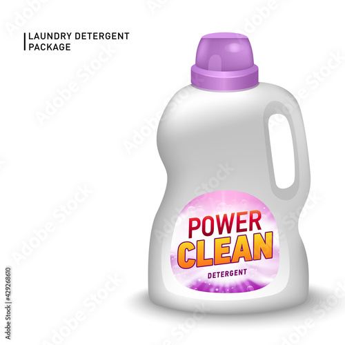 Realistic mock up of container for liquid detergent with designed etiquette. Detergent package.