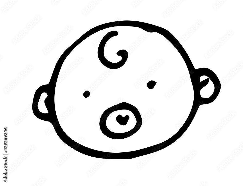Vector isolated drawing of a newborn baby's head with a curl of hair with a pacifier in its mouth hand-drawn in the doodle style for logo design template, labels, toy packaging, postcards Vector isolated drawing of a newborn baby's head with a curl of hair with a pacifier in its mouth hand-drawn in the doodle style for logo design template, labels, toy packaging, postcards
