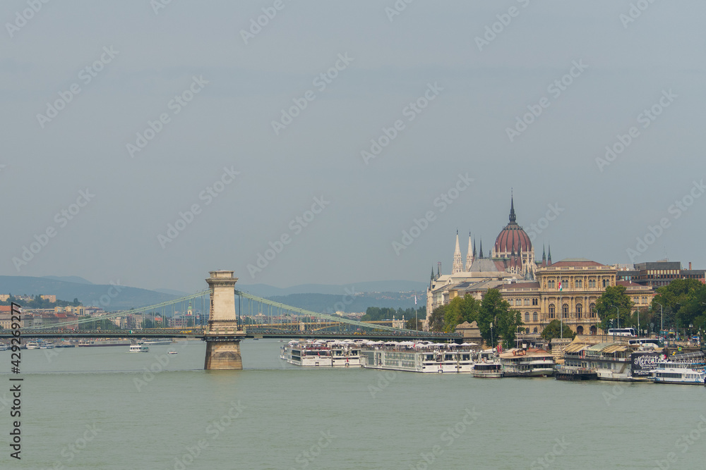 The chain bridge and Danube river Budapest, Hungary