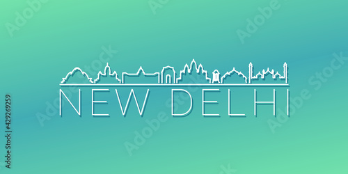 New Delhi, Delhi, India Skyline Linear Design. Flat City Illustration Minimal Clip Art. Background Gradient Travel Vector Icon.