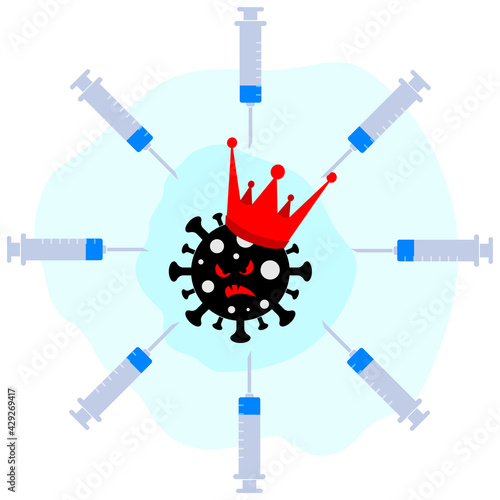 Angry aggressive black virus coronavirus covid-19 with a royal crown on its head surrounded by syringes with vaccine medicine. Fighting the epidemic