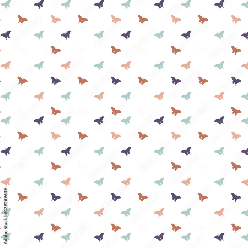 Hand drawn butterflies pattern in purple, green and brown. Can be used for fashion graphics such as T-shirt prints leggings pajamas fabrics or for home decor such as wallpapers tablecloths bedclothes.