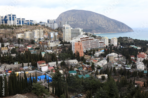 Landscape of village Gurzuf and Bear Mountain from mountain Bolgatura photo