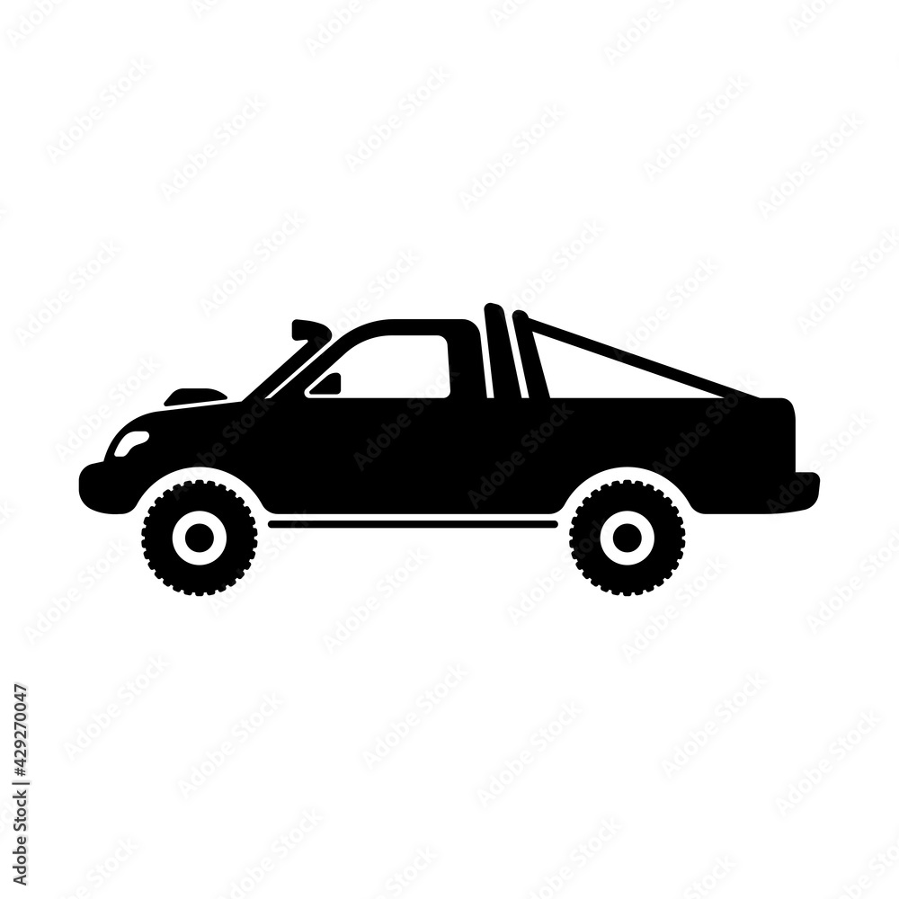Offroad pickup truck icon. Cargo SUV. Black silhouette. Side view. Vector simple flat graphic illustration. The isolated object on a white background. Isolate. Offroad pickup truck icon. Cargo SUV. Black silhouette. Side view. Vector simple flat graphic illustration. The isolated object on a white background. Isolate.