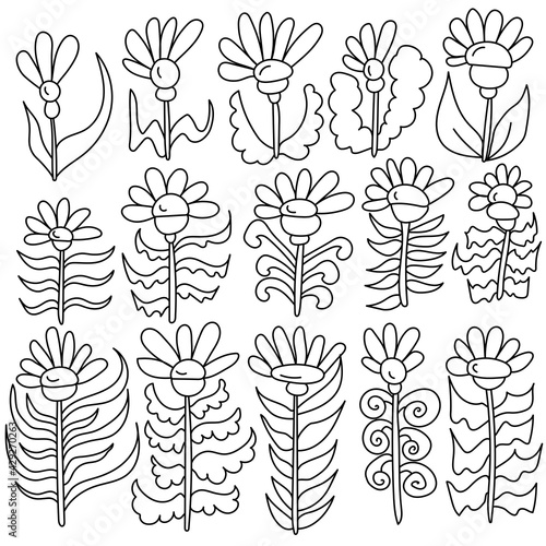 Contour doodle flowers with thick stem and frequent leaves, coloring page with plant motifs
