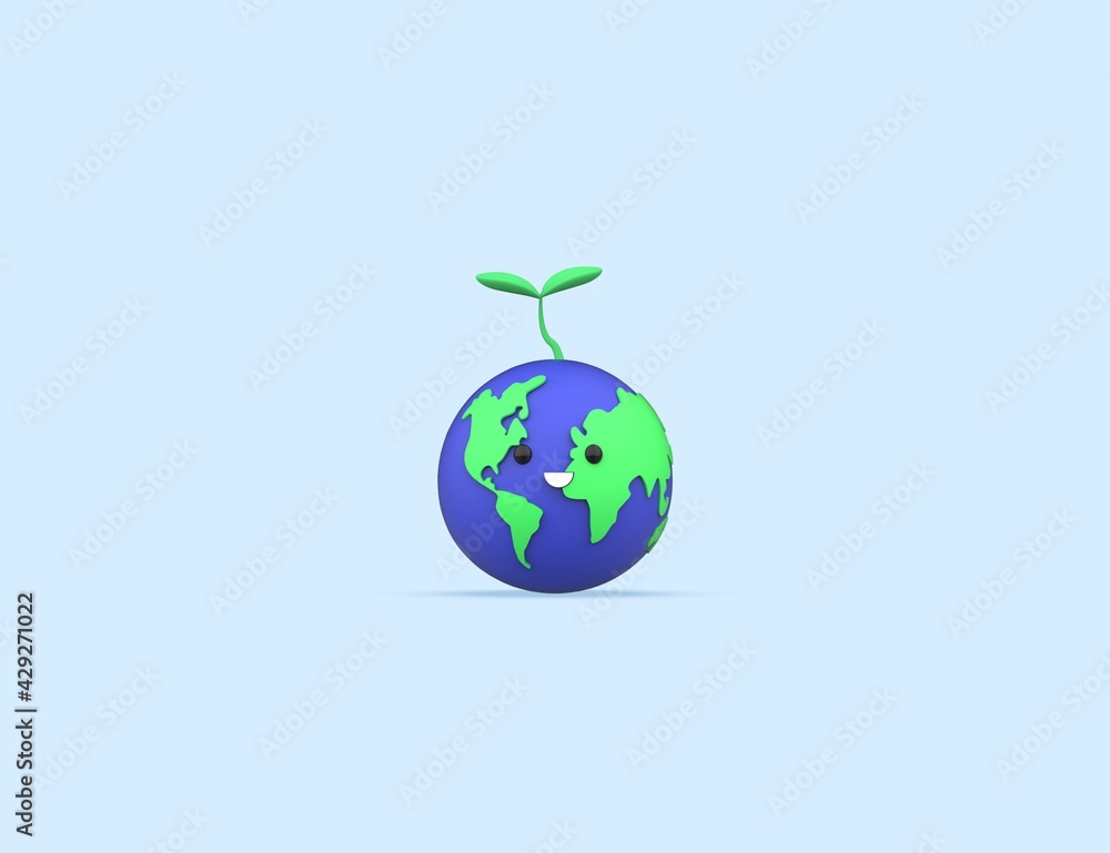 World Environment Day concept 3D happy cute Earth with sprout. Save the planet. Render model isolated blue background.
