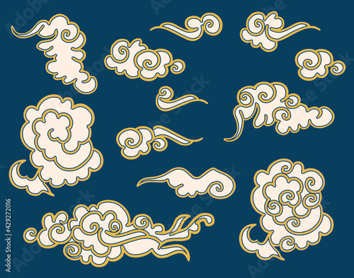The clouds - blue and white art, object isolated, different template for design. Traditional asian auspicious symbols. Vector set .