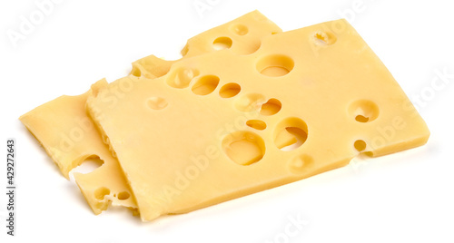 Emmental cheese slices, Swiss cheese, isolated on white background. High resolution image
