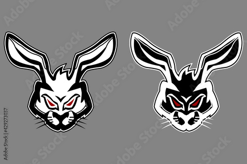 Rabbit hare head mascot black red eyes white outline