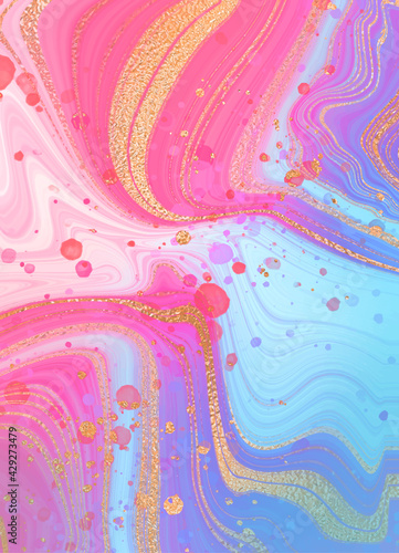 Gold marble design. A beautiful combination of pink and blue marble and gold. Splashes and lines. Marble pattern for print and web design. The background is golden.