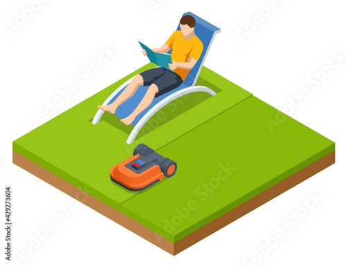 Isometric Robotic lawn mower on grass, trimmer robot