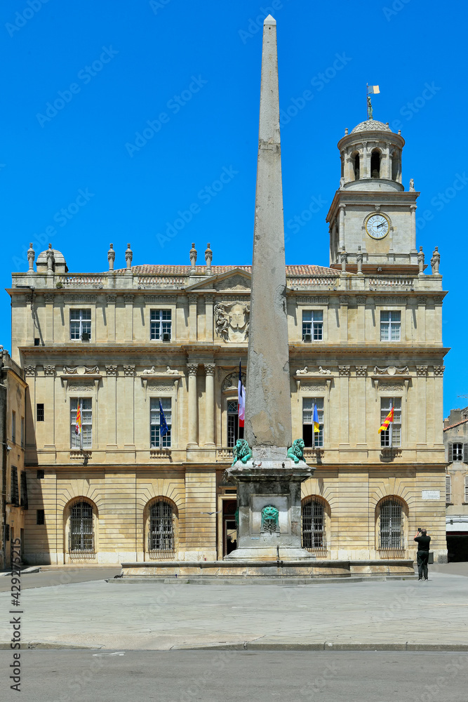 Arles, the Roman Obelisk and the Republic Square, Provence, France