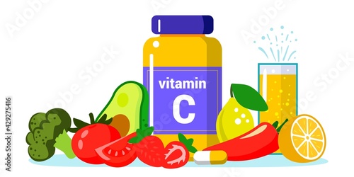 Vitamin C vector illustration Healthy eating and diet Different food rich of vitamin C Dietetic organic nutrition Food supplement and health care concept Source of vitamin C fruits and vegetables