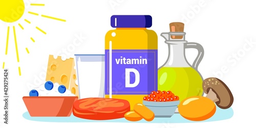 Vitamin D vector illustration Healthy eating and diet Different food rich of vitamin d Organic liver oil supplement and skin synthesis Dietetic organic nutrition Food supplement and health care concep