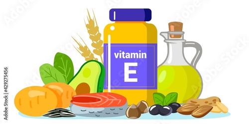 Vitamin E vector illustration Foods containing tocopherol: sunflower seeds, sunflower oil, herbs, olives, fish, peanut, hazelnut, wheat, potatoes Healthy sources of vitamin E Healthy diet food
