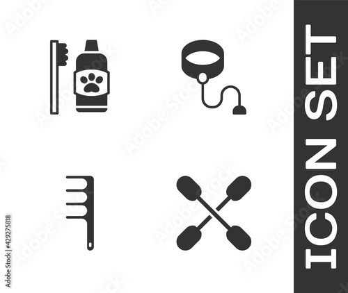 Set Cotton swab for ears, Dental hygiene pets, Hair brush dog and cat and Retractable cord leash icon. Vector