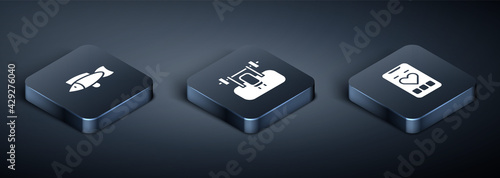 Set Isometric Fish, Mobile with heart rate and Bench barbel icon. Vector