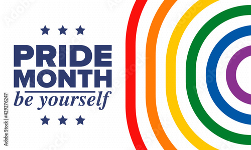 LGBTQIA Pride Month in June. Lesbian Gay Bisexual Transgender. Celebrated annual. LGBT flag. Rainbow love concept. Human rights and tolerance. Poster, card, banner and background. Vector illustration