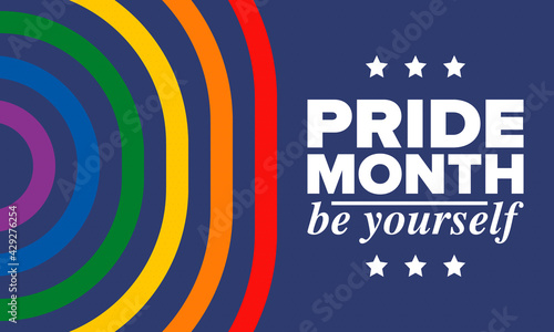 LGBTQIA Pride Month in June. Lesbian Gay Bisexual Transgender. Celebrated annual. LGBT flag. Rainbow love concept. Human rights and tolerance. Poster, card, banner and background. Vector illustration