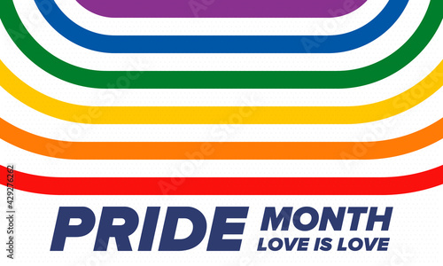 LGBTQIA Pride Month in June. Lesbian Gay Bisexual Transgender. Celebrated annual. LGBT flag. Rainbow love concept. Human rights and tolerance. Poster, card, banner and background. Vector illustration