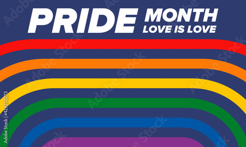 LGBTQIA Pride Month in June. Lesbian Gay Bisexual Transgender. Celebrated annual. LGBT flag. Rainbow love concept. Human rights and tolerance. Poster, card, banner and background. Vector illustration