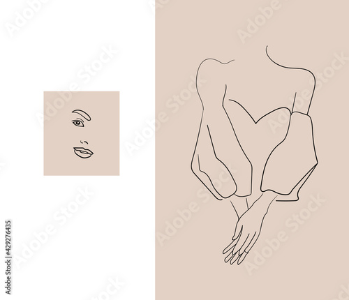 Line art set of abstract minimalistic drawing prints in neutral pallet color, fashion pictures of female shoulders with puffy sleeves and face girl portrait vector illustration