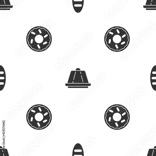 Set Bread loaf, Pudding custard and Donut on seamless pattern. Vector