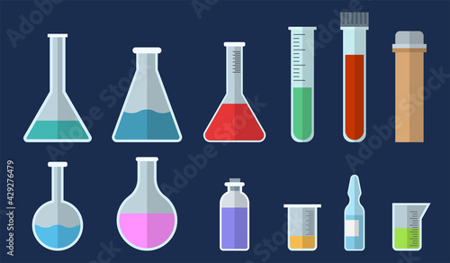 Set of medical equipment, pharmacy items. Flat style icons, isolated on dark background. Test tubes, vials, ampoule. Vector color illustration.