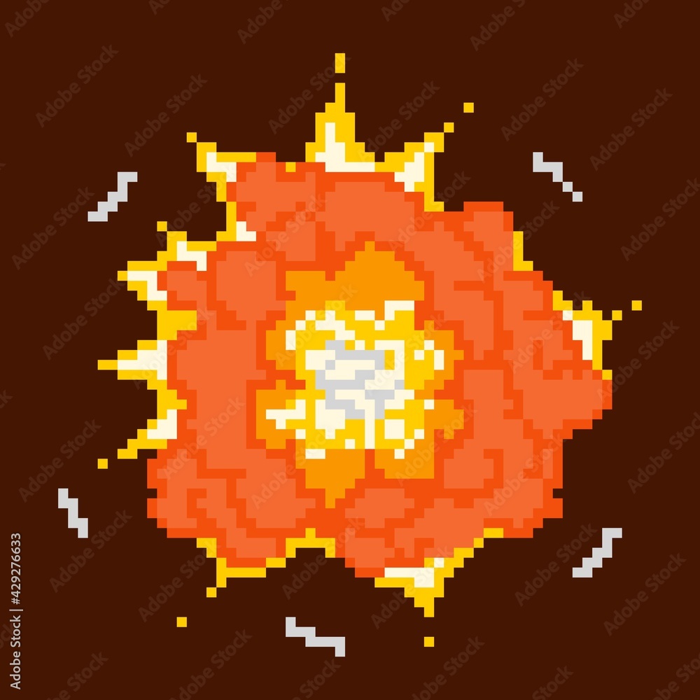 Powerful fiery pixel explosion. Red burst of energy with yellow fire detonation and glowing blazing vector sparks.