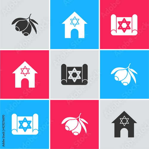 Set Olives branch, Jewish synagogue and Torah scroll icon. Vector