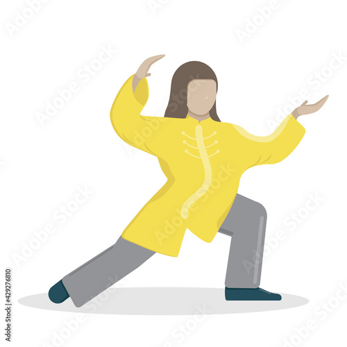 Girl trains Tai Chi in a yellow and gray suit. Vector illustration of a girl. Qigong. Oriental martial arts. Isolated on white background.