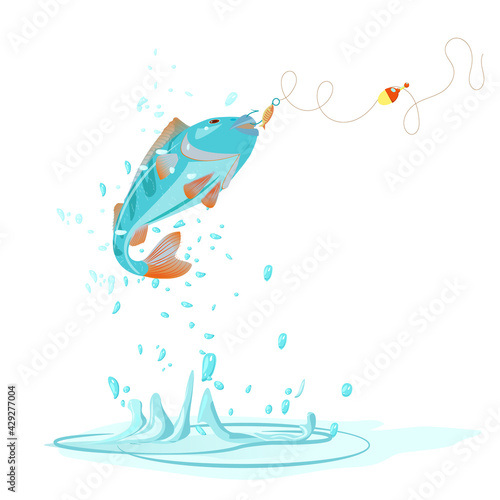 Fish caught on a hook with splashes and drops of water isolated on a white background. River bass, fishing catch. Vector illustration in the cartoon style.