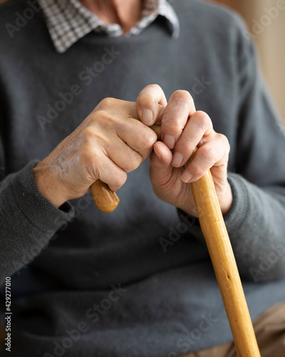 Old man's hands holding wooden walking stick photo