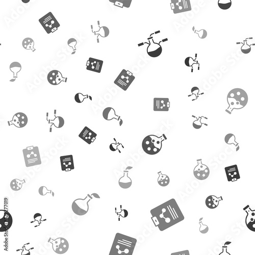 Set Test tube and flask, Chemistry report, and Plant breeding on seamless pattern. Vector