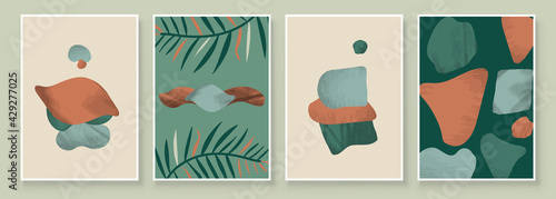 Green Abstract Botanical Organic Art Illustration. Set of soft color painting wall art for house decoration. Minimalistic canvas background design. Vector wall art plants in boho style.
