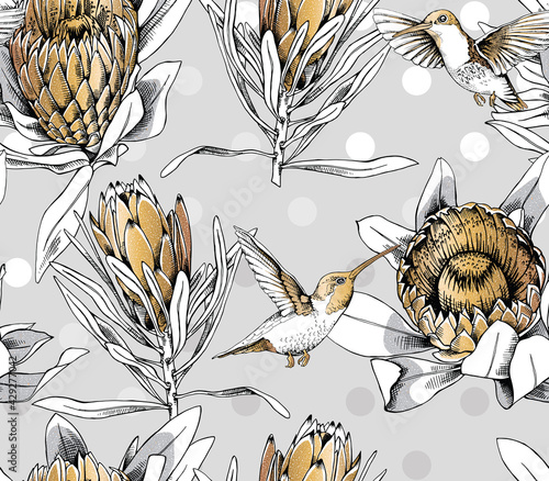 Seamless pattern. Exotic Protea Sugarbushes flowers and hummingbirds. Gold and silver composition on a gray background. Textile composition, hand drawn style print. Vector illustration.