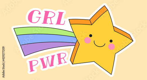 Cute fashion patch with girl power lettering next to yellow star with rainbow