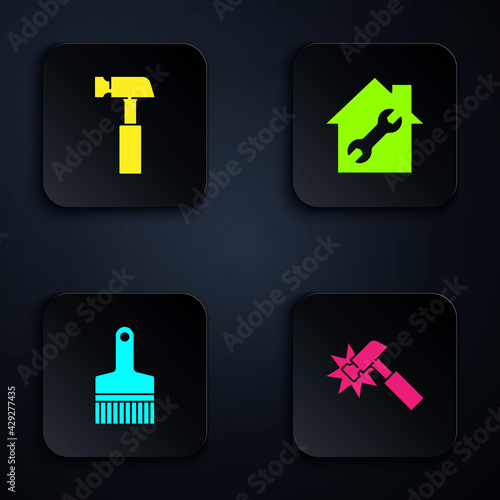 Set Hammer, , Paint brush and House repair. Black square button. Vector photo