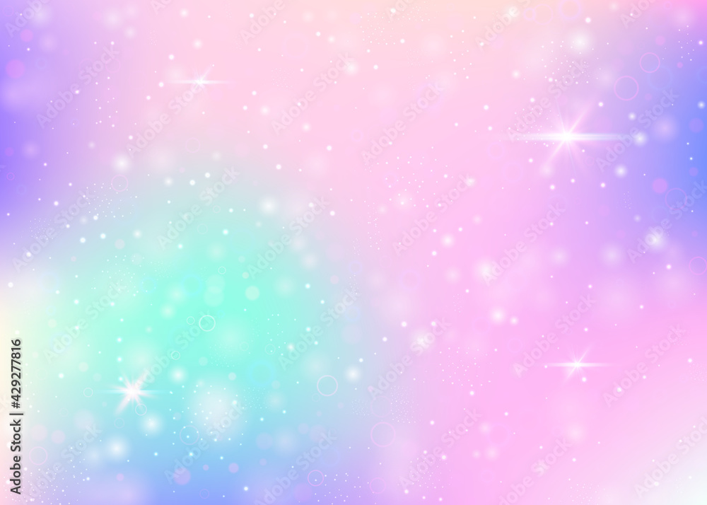 Fototapeta Magic background with rainbow mesh. Trendy universe banner in princess colors. Fantasy gradient backdrop with hologram. Holographic magic background with fairy sparkles, stars and blurs.