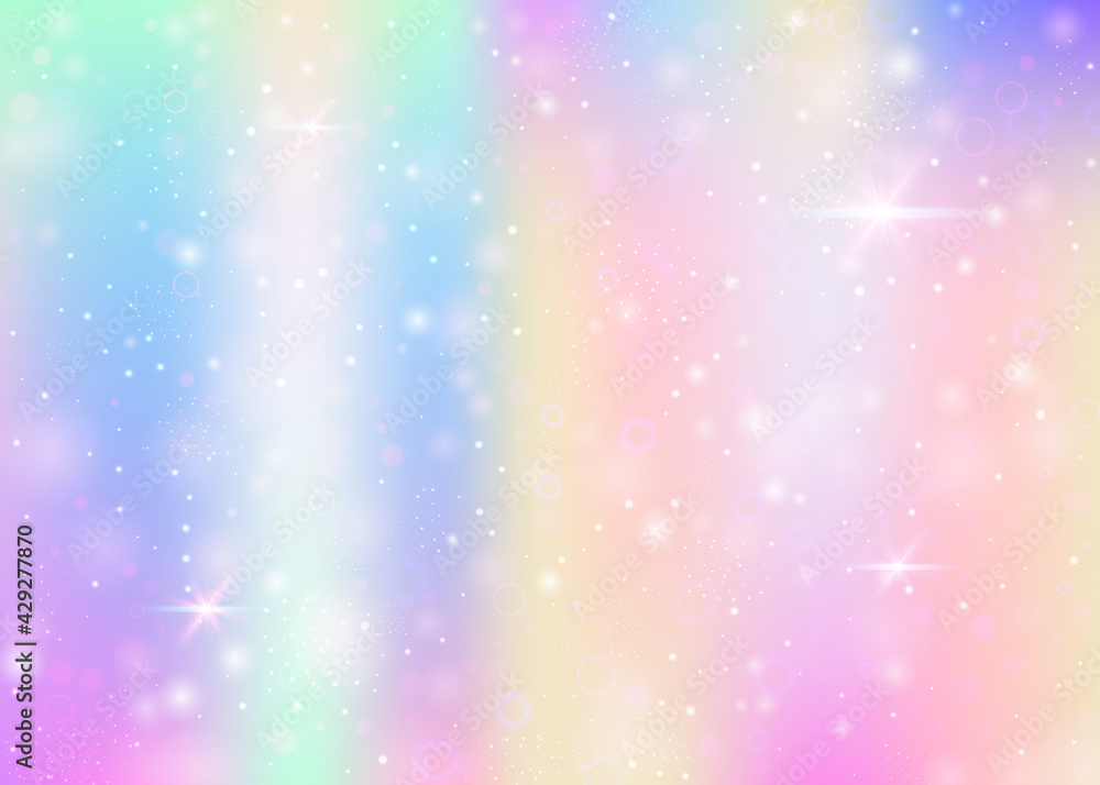 Unicorn background with rainbow mesh. Girlish universe banner in princess colors. Fantasy gradient backdrop with hologram. Holographic unicorn background with magic sparkles, stars and blurs.