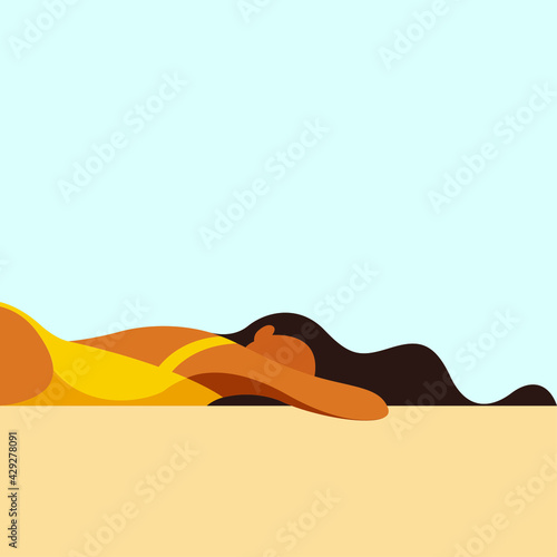 vector illustration on the theme of summer holidays. beautiful young tanned girl in a yellow swimsuit sunbathes on the beach with her hair scattered on the sand. can be used for leisure advertising.