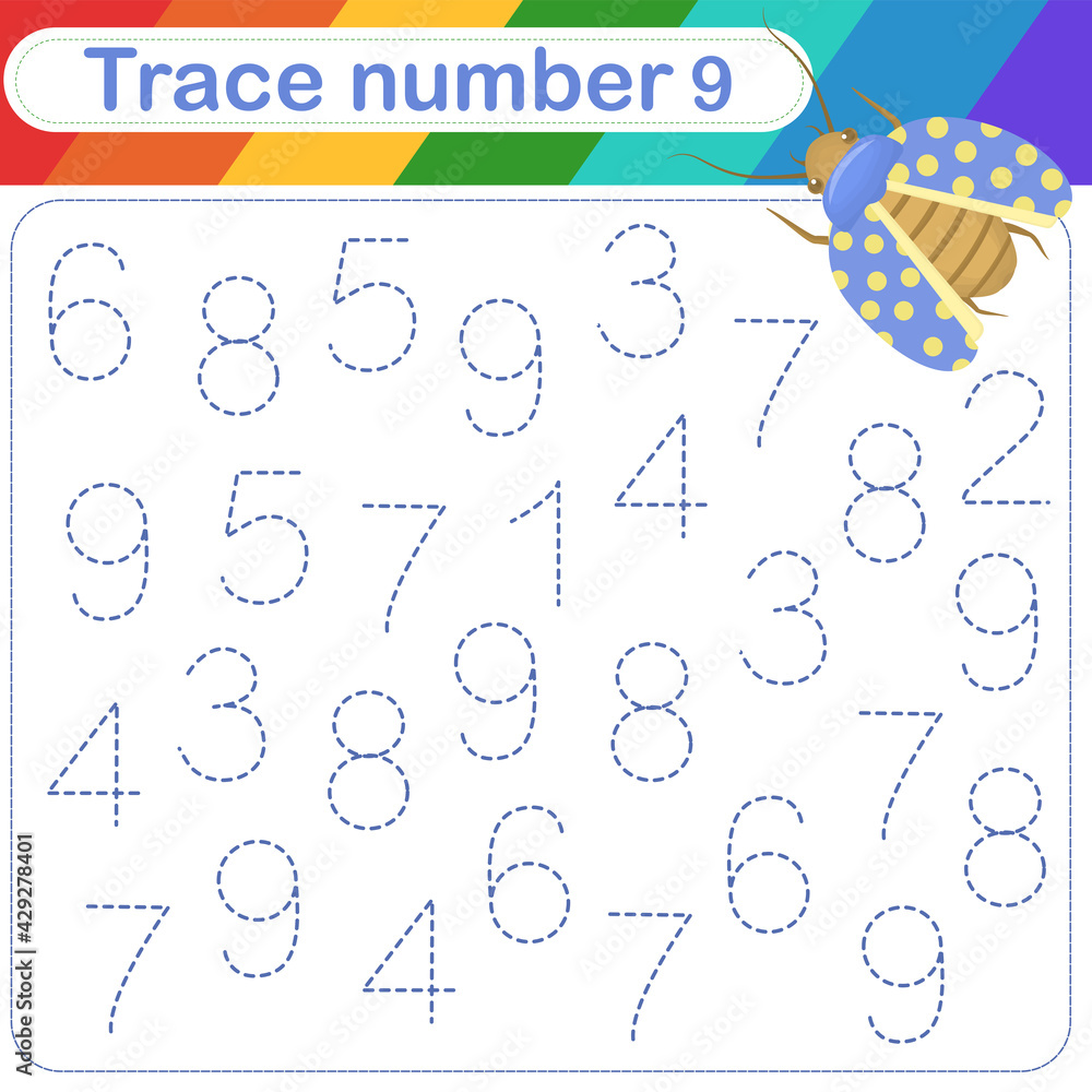 Vector Illustration of activity page for handwriting practice. Learning numbers for kids.Trace number design for learning handwriting Vector Illustration of activity page for handwriting practice. Learning numbers for kids.Trace number design for learning handwriting
