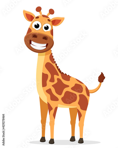 Giraffe stands and smiles on a white. The character